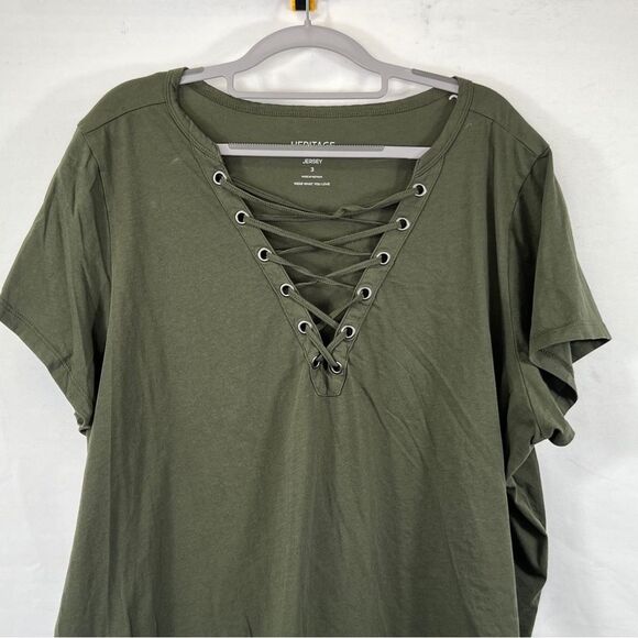 Torrid Army Green Neck Laced Short Sleeve Jersey Top 0677 - Picture 3 of 10